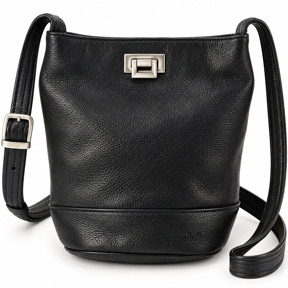Tignanello Crossbody Bag Women Small Black Pebbled Leather Turn Lock Bucket